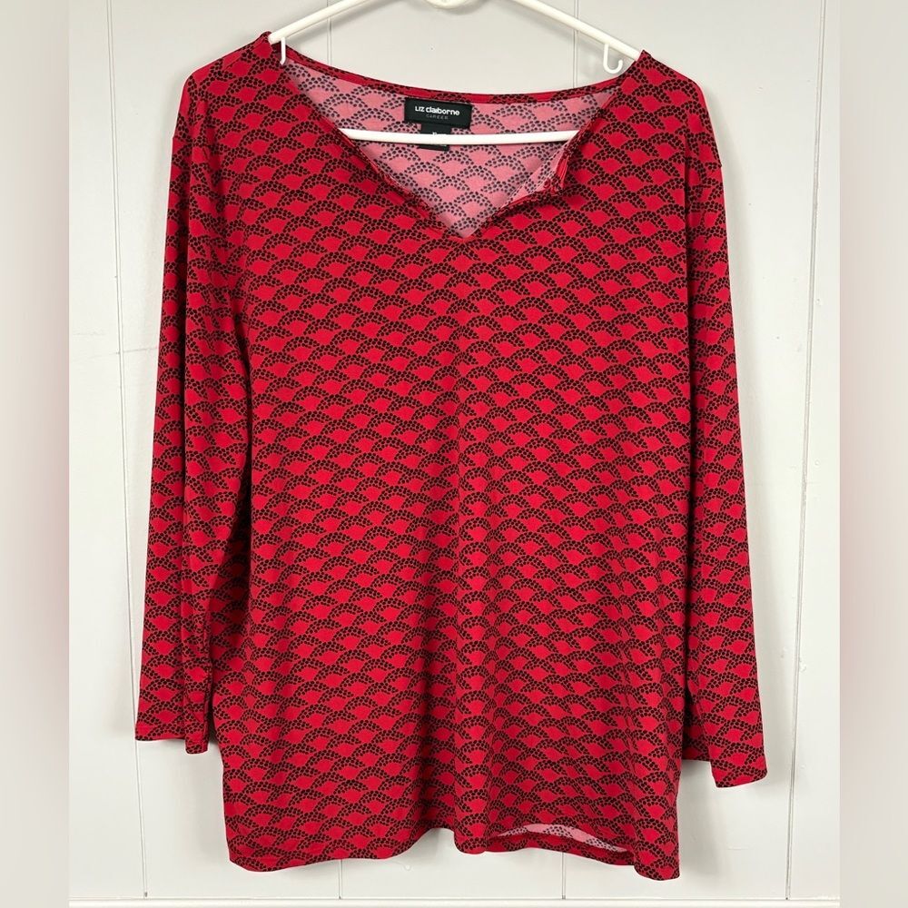 Liz Claiborne Red Black Geometric Stretch 3/4 Sleeve Top XL Workwear V-Neck